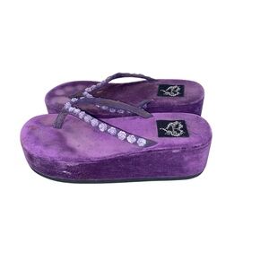 Vtg Yellow box 90s Purple sequin floral strap chunky Platform Sandals flip flops